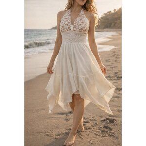 Boho Halter Dress Ivory Embroidered Smocked Handkerchief Hem Festival Size XS